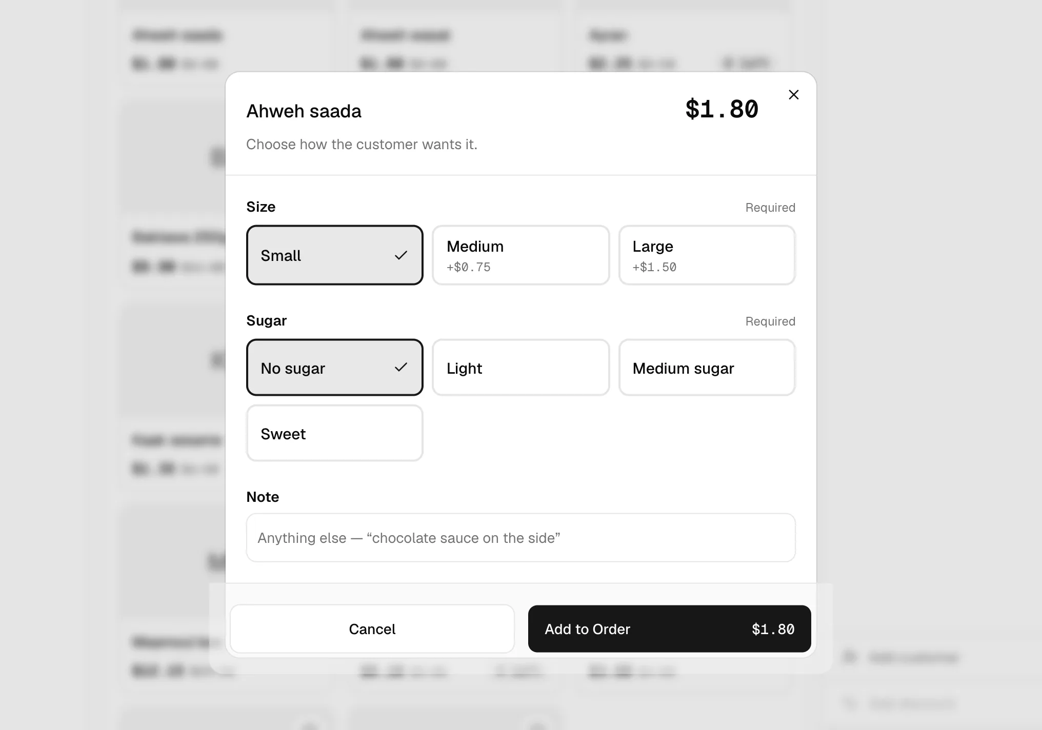 The modifier panel: required choices first, with the running price at the top.